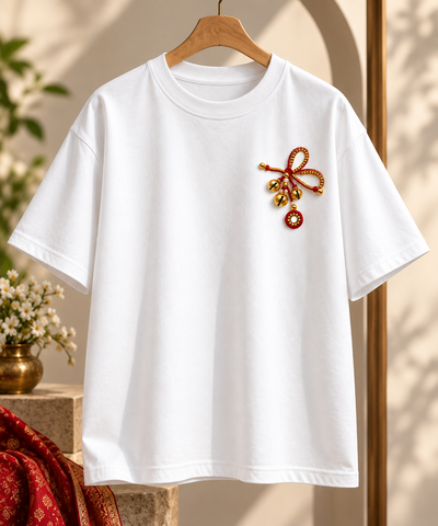 3D Printed Ghungroo White Oversized T-Shirt